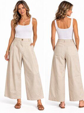 COS Sz 6 Beige Cotton Wide Leg Pants High Rise Minimalist Quiet Luxury